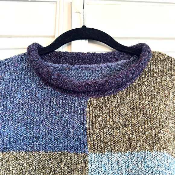 Vintage Checkered Chunky Oversized Mock Neck Sweater Purple Blue Brown - Picture 2 of 4
